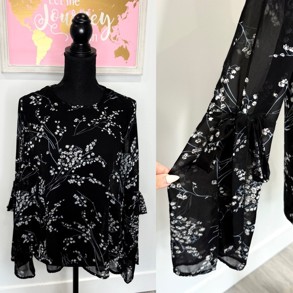 Cloud Chaser Sheer Black Floral Blouse with Tie Sleeves (L) - Picture 1 of 7